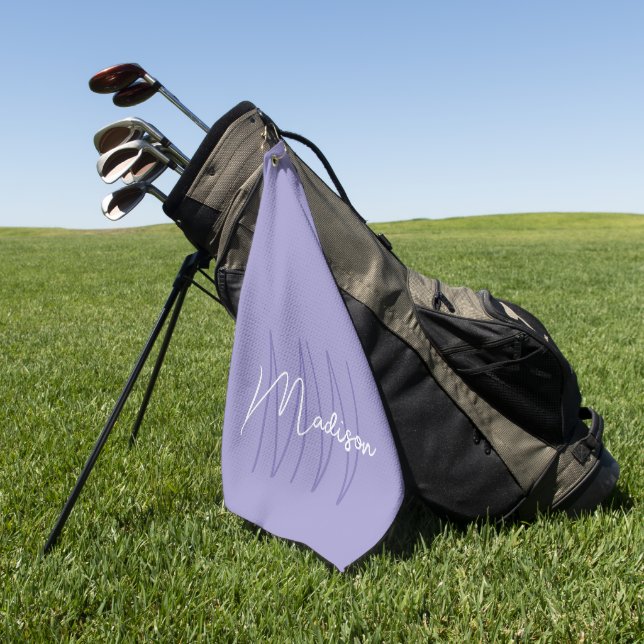 Modern Monogram Name Script Purple Golf Towel (Green)