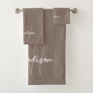 Modern Monogram Name Script Taupe Bath Towel Set