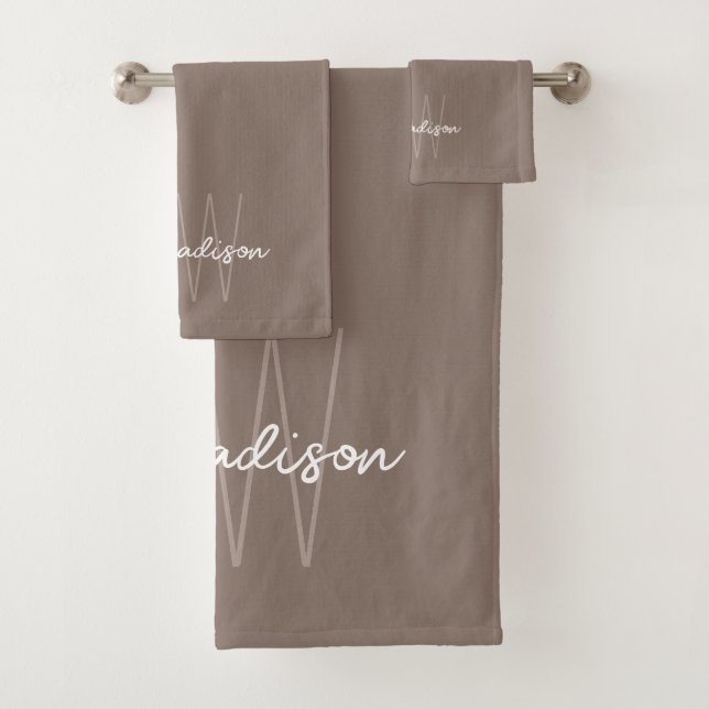 Modern Monogram Name Script Taupe Bath Towel Set (Insitu)