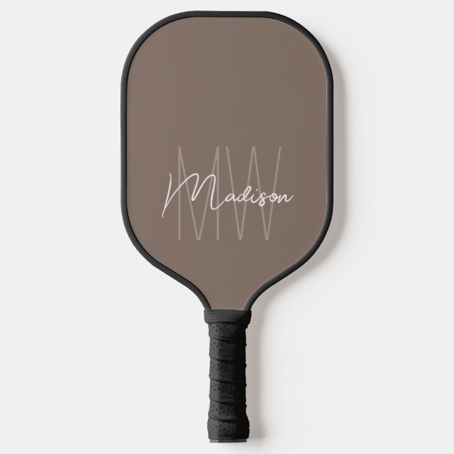Modern Monogram Name Script Taupe Pickleball Paddle (Front)