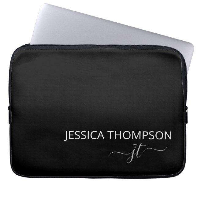 Modern Monogram Name Stylish Black White Laptop Sleeve (Front)