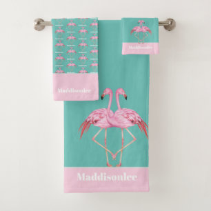 Modern Monogram Name Teal Pink Flamingo Bath Towel Set