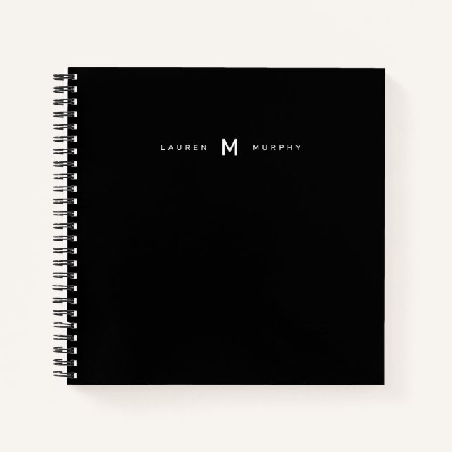 Modern Monogram Name Typography Black Notebook (Front)