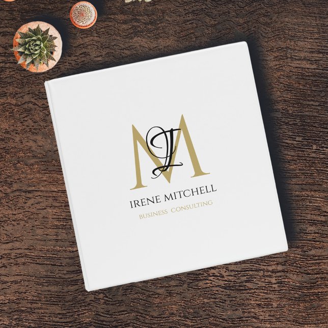 Modern Monogram Name White Black Gold Binder (Creator Uploaded)