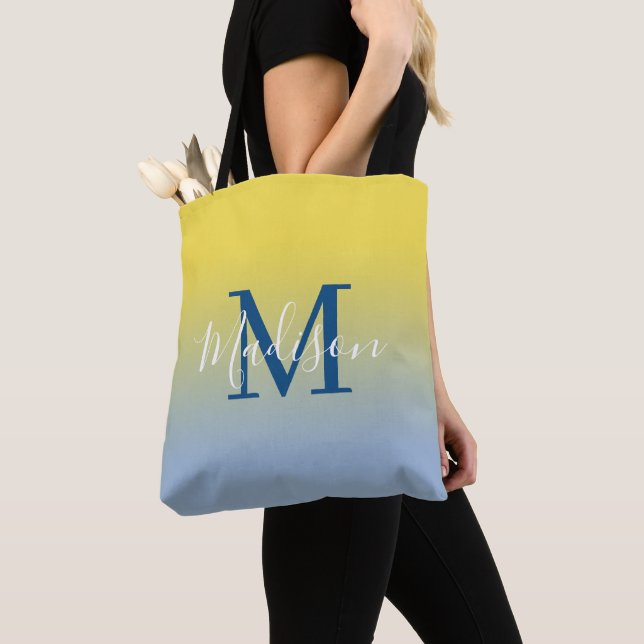 Modern Monogram Name Yellow to Light Blue Gradient Tote Bag (Close Up)