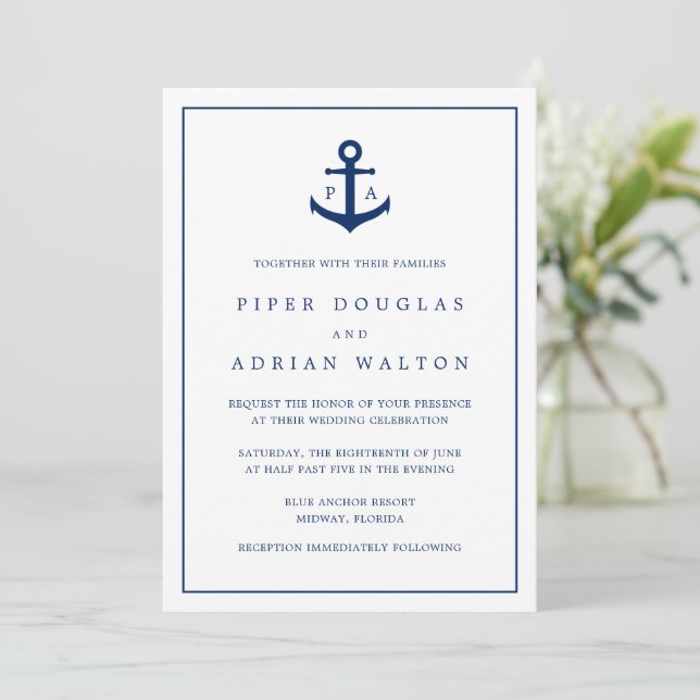 Modern Monogram Nautical Anchor Elegant Wedding Invitation (Standing Front)