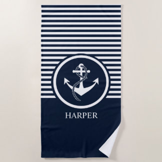 MODERN MONOGRAM NAUTICAL NAVY AND WHITE STRIPED BEACH TOWEL