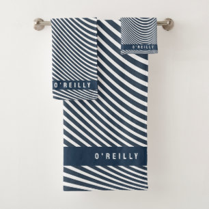 Modern Monogram Navy Blue and White Stripe Pattern Bath Towel Set