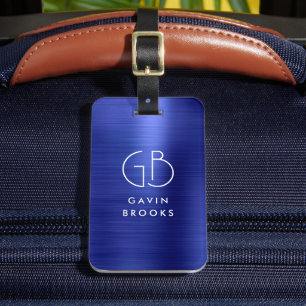 Modern Monogram Navy Blue Brushed Glam Metallic Luggage Tag