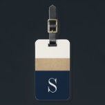 Modern Monogram Navy Blue Gold Striped Luggage Tag<br><div class="desc">Modern and chic,  this luggage features classic navy blue and gold stripes and a customizable monogram. Add you name and address to the back for a truly personalized luggage tag.</div>