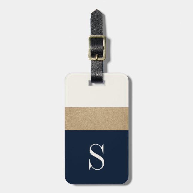 Modern Monogram Navy Blue Gold Striped Luggage Tag (Front Vertical)