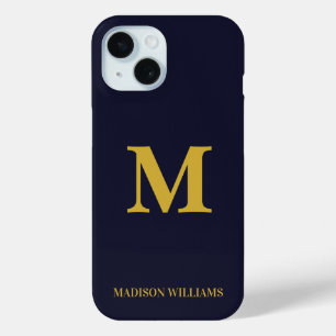 Modern Monogram Navy Blue Gold Stylish Minimalist iPhone 15 Case