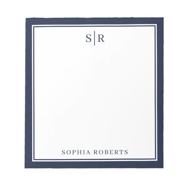 Modern Monogram Navy Blue White Custom Name Notepad (Front)