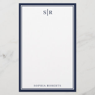 Modern Monogram Navy Blue White Custom Name Stationery