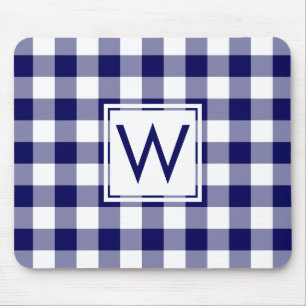 Modern Monogram Navy Blue & White Gingham Pattern Mouse Pad