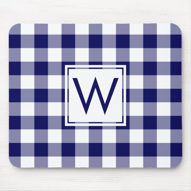 Modern Monogram Navy Blue & White Gingham Pattern Mouse Pad (Front)