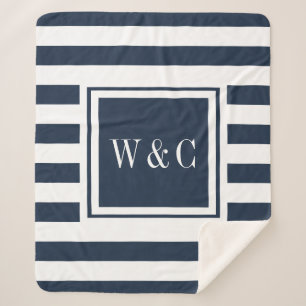 Modern Monogram Navy Blue White Stripe Sherpa Blanket