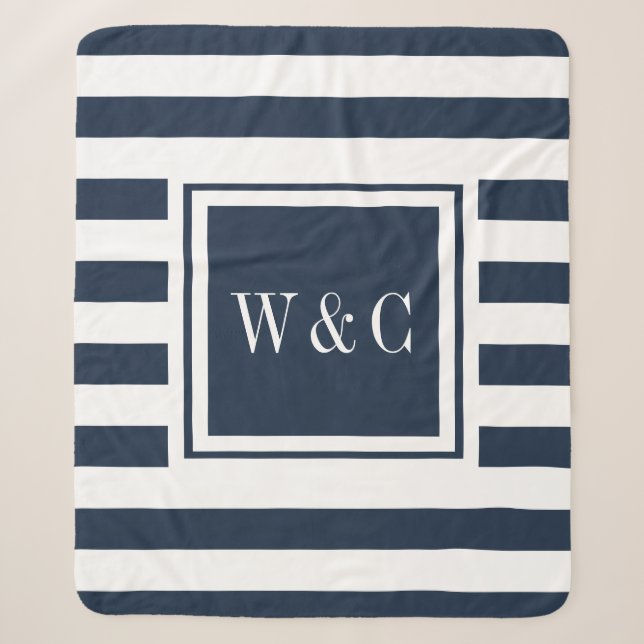 Modern Monogram Navy Blue White Stripe Sherpa Blanket (Front)
