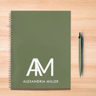 Modern Monogram Notebook with Name Olive Green