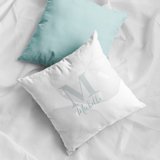Modern Monogram Ocean Sand Dollar Turquoise Throw Pillow (Coastal monogram pillow with sand dollar design and personalized name beach house decor accent.)