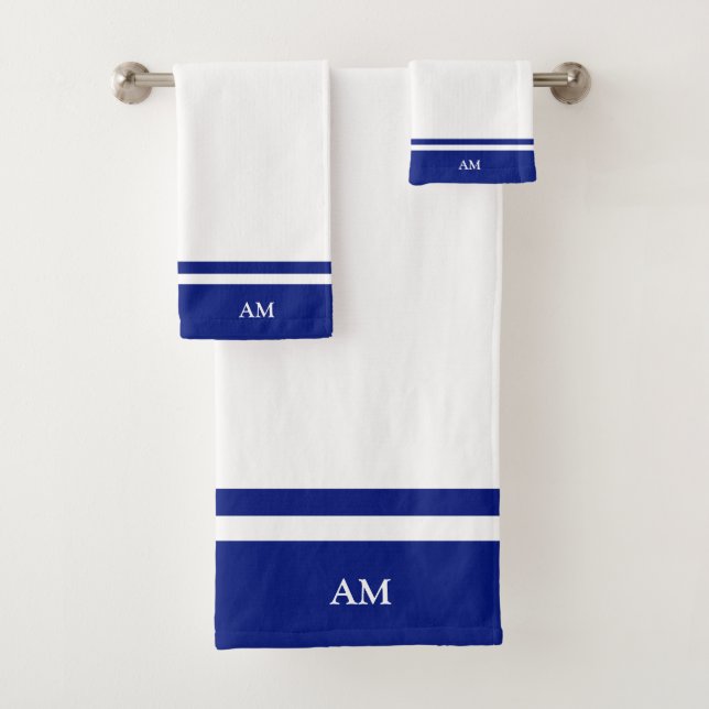 Modern Monogram on Blue and White Bath Towel Set (Insitu)
