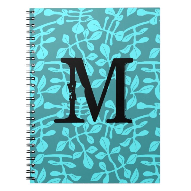 Modern Monogram on Stylized Aqua Leaves Notebook (Front)