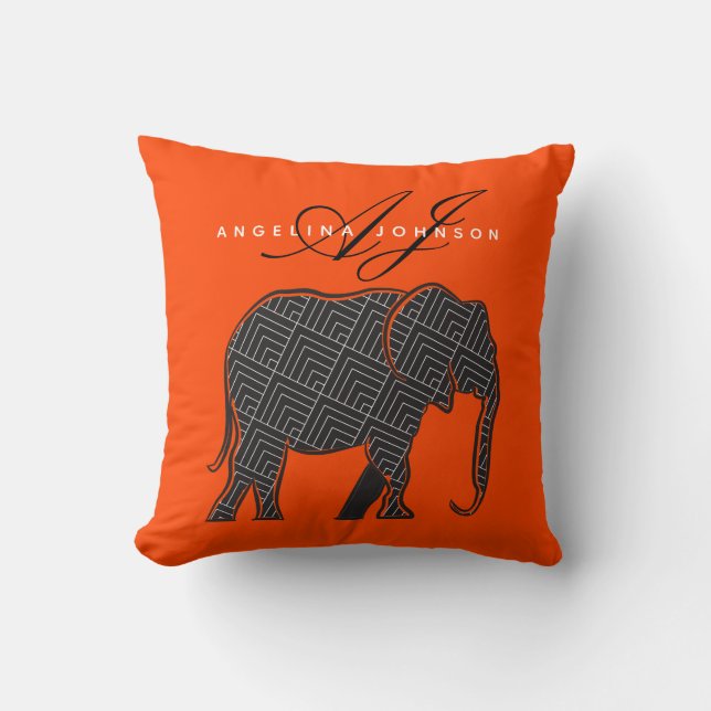Modern Monogram Orange and Black Throw Pillow (Front)