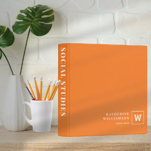 Modern Monogram Orange Custom Name Subject Student Binder