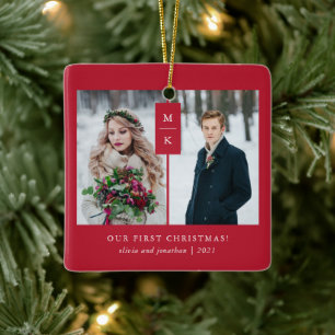 Modern Monogram Our First Christmas with Photos Ceramic Ornament