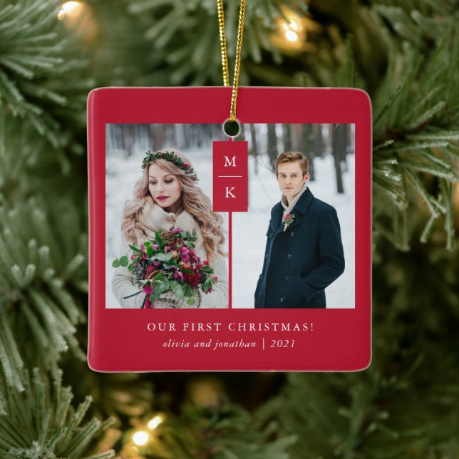 Modern Monogram | Our First Christmas with Photos Ceramic Ornament (Tree)