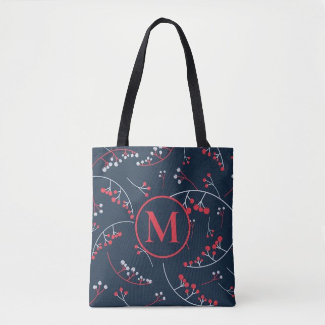 Modern monogram pale grey red berry pattern tote bag (Front)