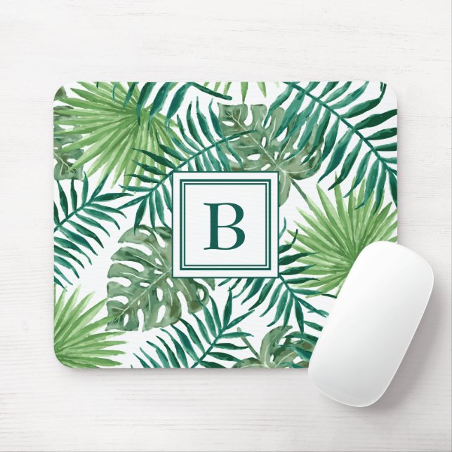 Modern Monogram Palm Leaves Mouse Pad (With Mouse)