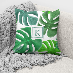Modern Monogram Palm Leaves Pattern Throw Pillow