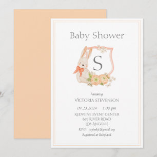 Modern Monogram Peach Crest Bunny Baby Invitation