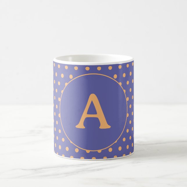 Modern Monogram Periwinkle Peach Polka Dot Coffee Mug (Center)