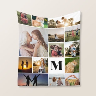 Modern Monogram Personalized 14 Photo Collage Fleece Blanket