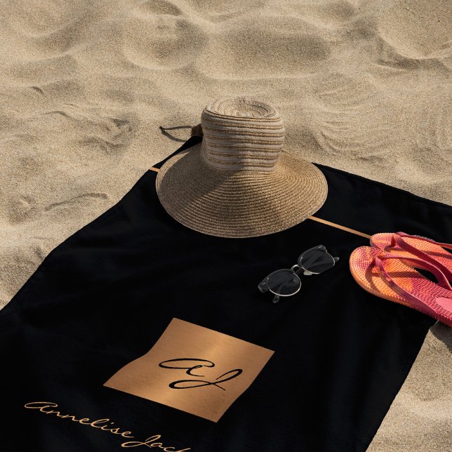 Modern monogram personalized black gold elegant beach towel (Creator Uploaded)