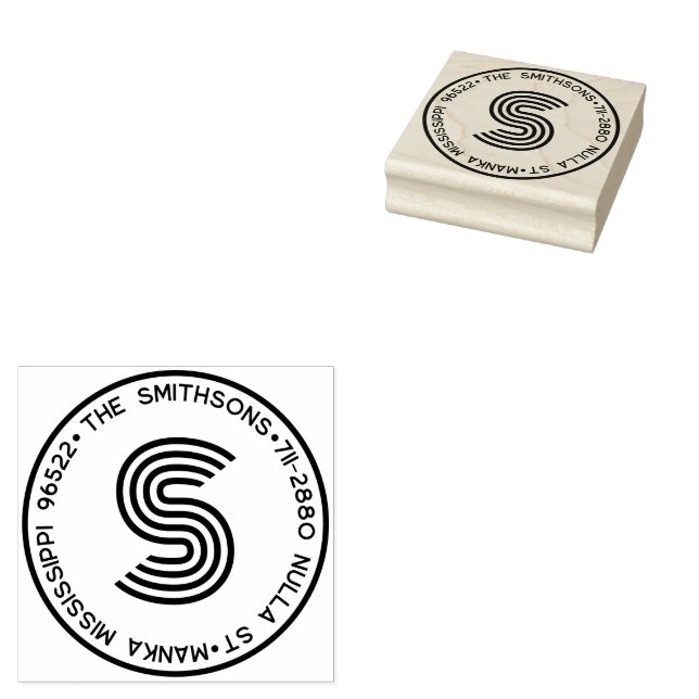 Modern Monogram Personalized Family Name & Address Rubber Stamp (Stamped)