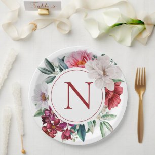 Modern Monogram Personalized Floral Paper Plate