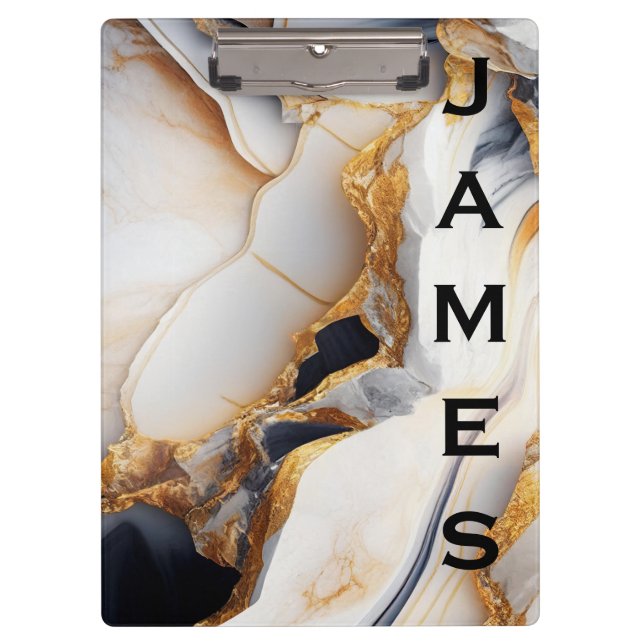 Modern Monogram Personalized Marble and Gold Clipboard (Front)