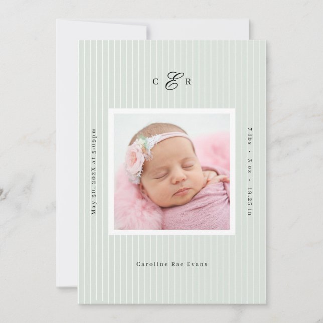Modern Monogram Photo Birth Announcement (Front)