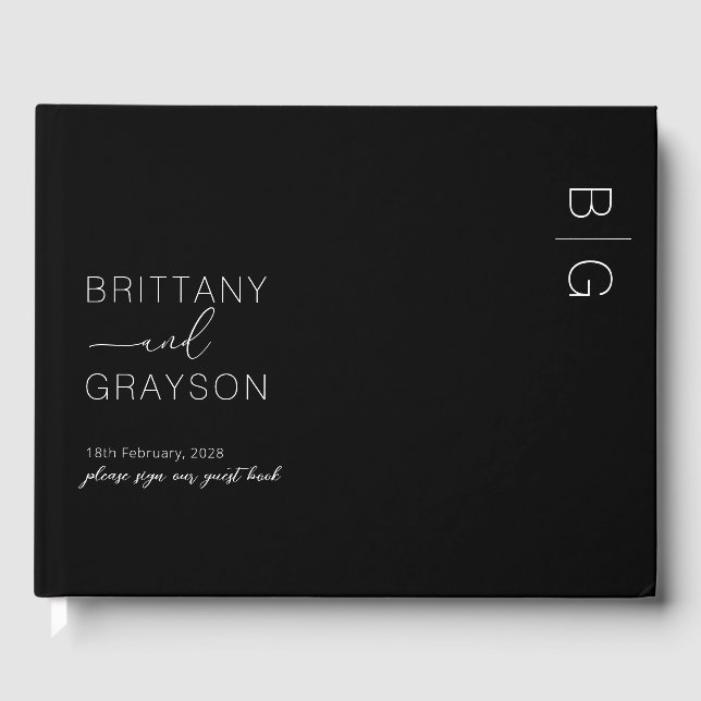 Modern Monogram Photo Black Wedding Guest Book (Front)