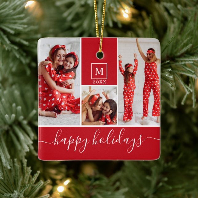 Modern Monogram Photo Collage Happy Holiday Red Ceramic Ornament (Tree)