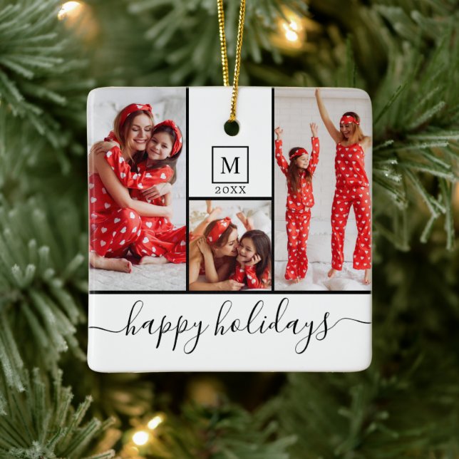 Modern Monogram Photo Collage Happy Holiday White Ceramic Ornament (Tree)