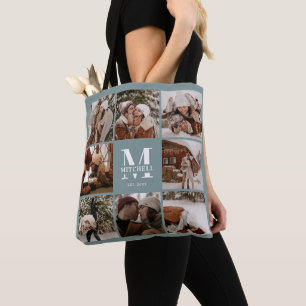 Modern Monogram & Photo Collage Personalized Sage  Tote Bag