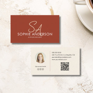 Modern Monogram Photo QR Terracotta Professional Business Card