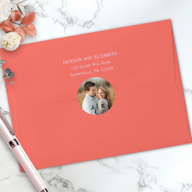 Modern Monogram Photo Wedding Classic Round Sticker (Modern monogram wedding photo round sticker)