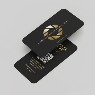 Modern Monogram Photographer Black Gold Lens   Business Card