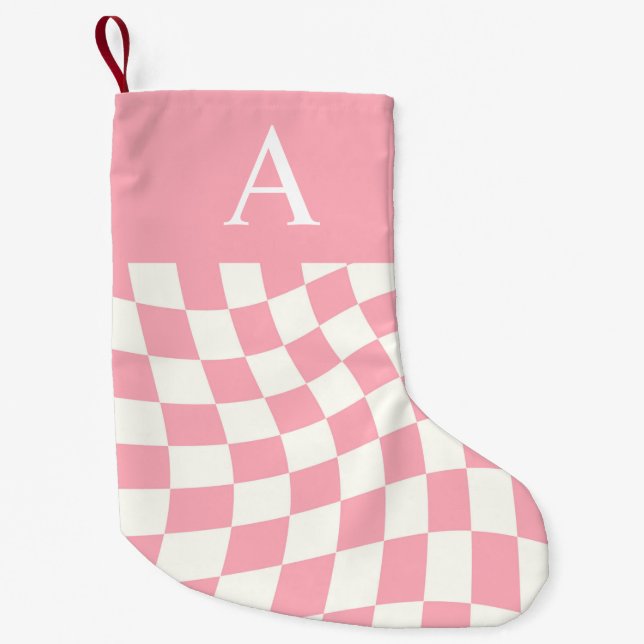 Modern Monogram Pink Chequered Double Side Small Christmas Stocking (Front)