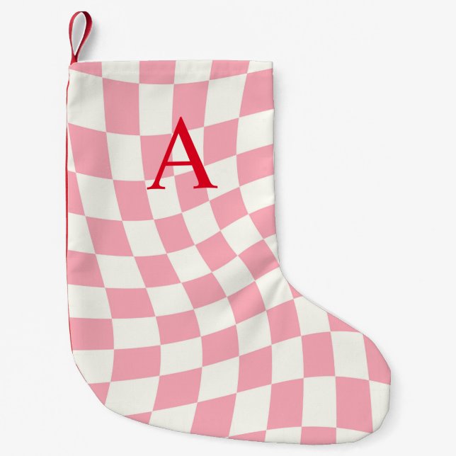 Modern Monogram Pink Chequered  Small Christmas Stocking (Front)